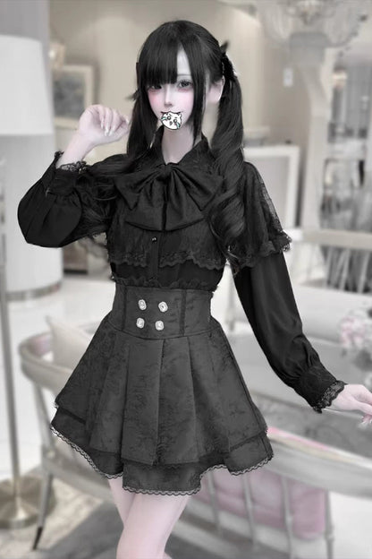 Long Sleeves Double-Layered Ruffled Embroidered Bow Lace-Up Gothic Jirai Kei Lolita Top Skirt Set