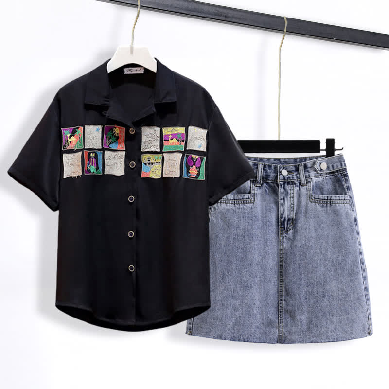 Denim Skirt Laple T-Shirt Embroidery Loose