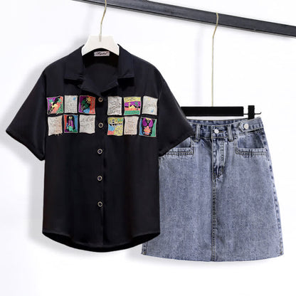 Denim Skirt Laple T-Shirt Embroidery Loose