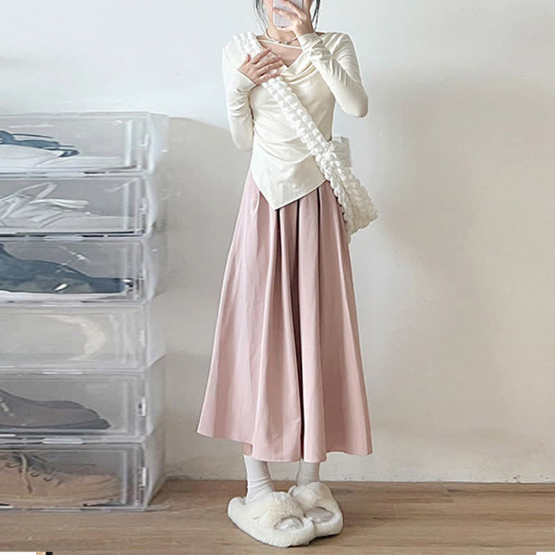 Irregular Ruffled Long Sleeve Shirt Pleated Skirt