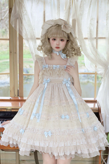 Little Wind Chime Sleeveless Multi-Layered Printed Ruffled Bow Lace Sweet Elegant Princess Lolita JSK Dress in Beige