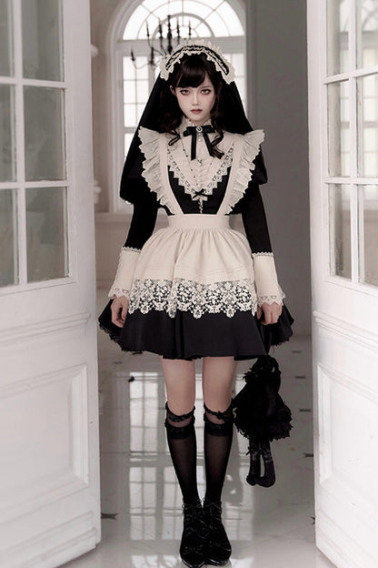 Letters and Poems Nocturne Nun Long Sleeves Ruffle Gothic Lolita Short Dress