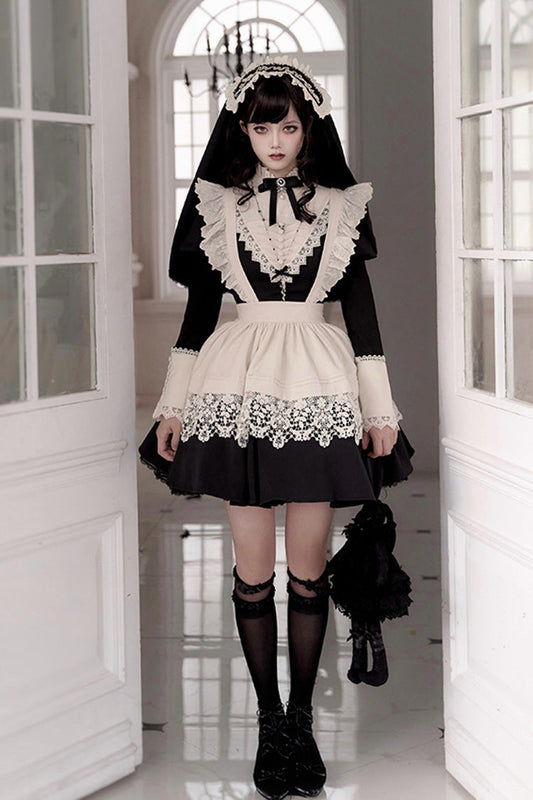 Letters and Poems Nocturne Nun Long Sleeves Ruffle Gothic Lolita Short Dress