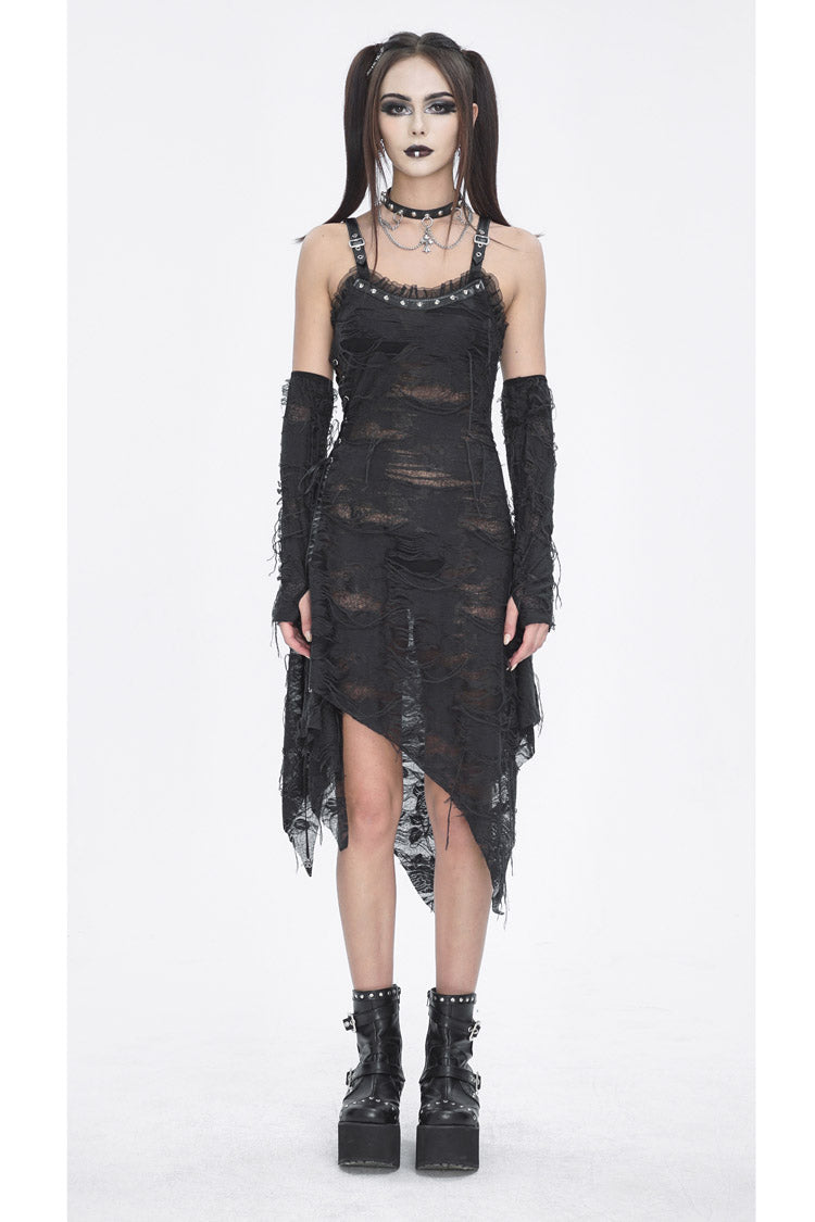 Asymmetric Strap Gothic Slip Dress with Lace Detail - NoirEdge