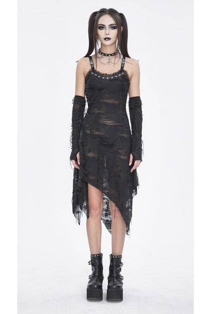Asymmetric Strap Gothic Slip Dress with Lace Detail - NoirEdge
