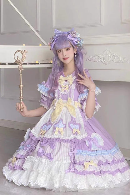 Purple Star Sugar Short-Sleeved Multi-Layer Ruffled Bow-Trim Sweet Lolita Dress