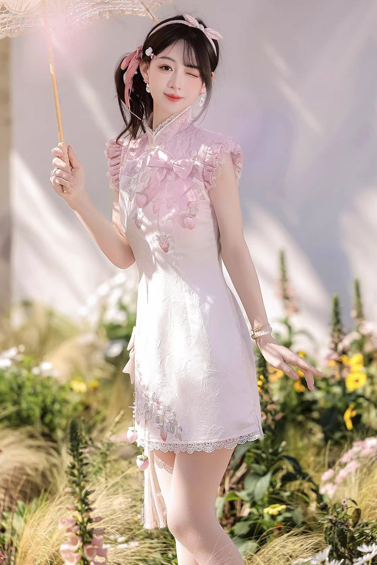Lace Color-Blocked Chinese Style Sweet Dress - White/Pink Spring Strawberry