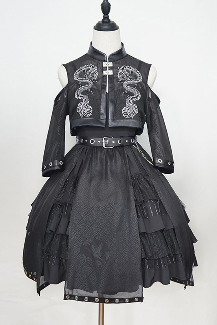 Dark Chinese-Style Gothic Lolita JSK with Dragon Print and Ruffled Layers