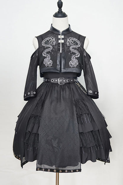 Dark Chinese-Style Gothic Lolita JSK with Dragon Print and Ruffled Layers