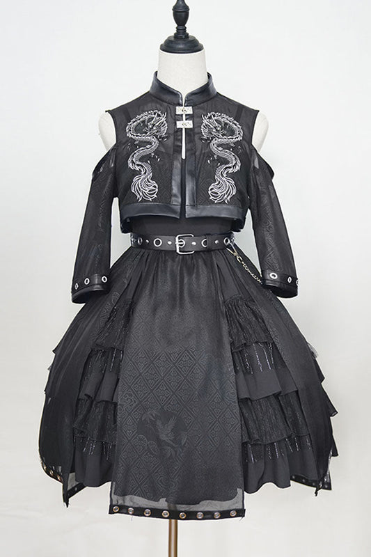 Dark Chinese-Style Gothic Lolita JSK with Dragon Print and Ruffled Layers