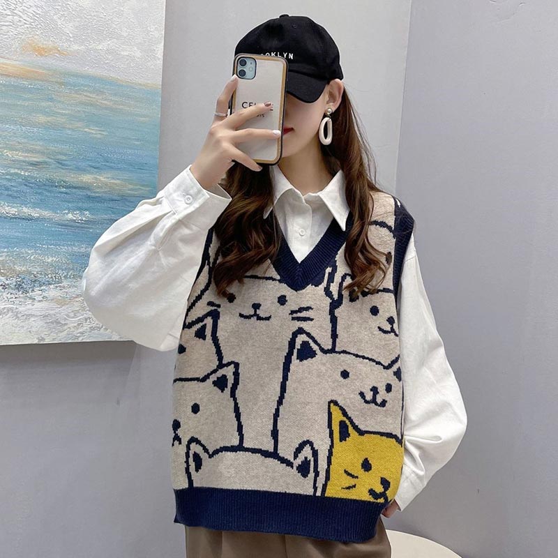 Ensemble gilet et chemise à lacets avec imprimé chat mignon