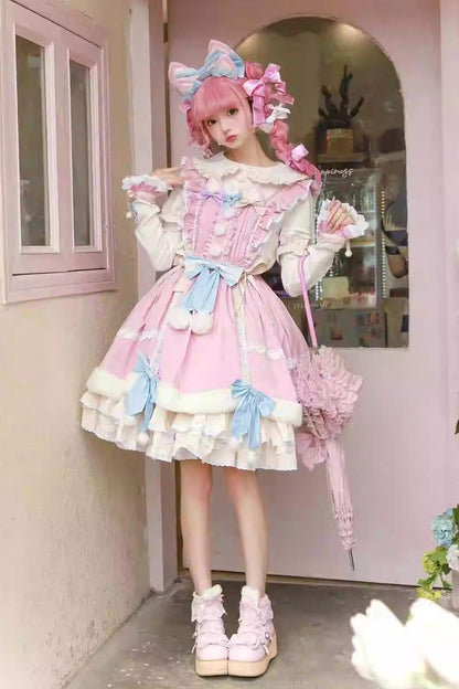White and Pink Little Fox Multi-Layer Ruffled Bow-Trim Long-Sleeved Sweet Lolita Dress