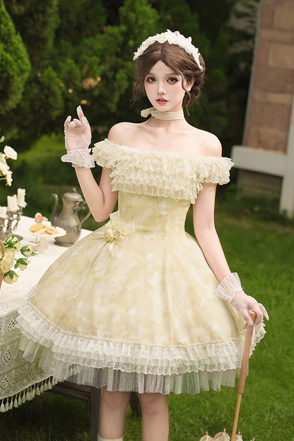 Golden Square-Collar Flutter-Sleeve Ruffled Lace Short Dress