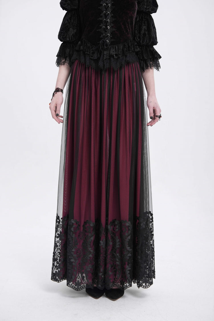 Crimson Stitched Floral Mesh Women's Goth Skirt
