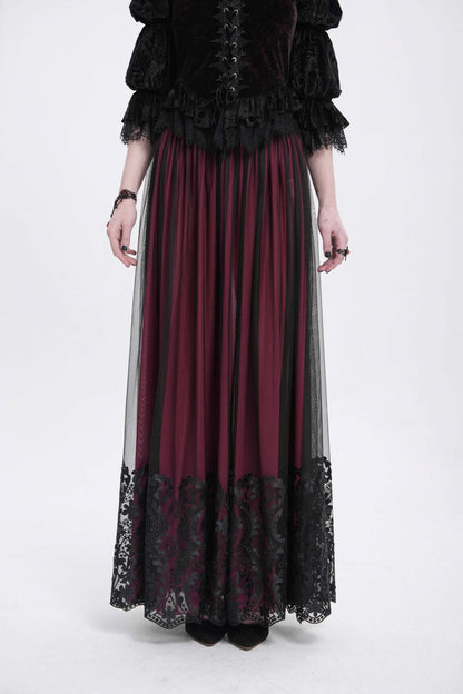 Crimson Stitched Floral Mesh Women's Goth Skirt