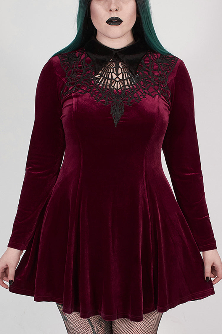 Crimson Velvet Chest Cutout Back Lace-Up Long Sleeve Plus-Size Goth Gown