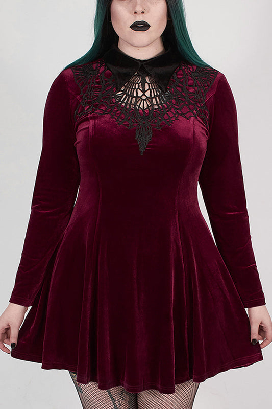 Crimson Velvet Chest Cutout Back Lace-Up Long Sleeve Plus-Size Goth Gown