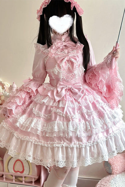 Rose Sleeveless Multi-Tier Ruffle Bow Lace Pearl Sweet Lolita Jumper - Love and Heart Flutter