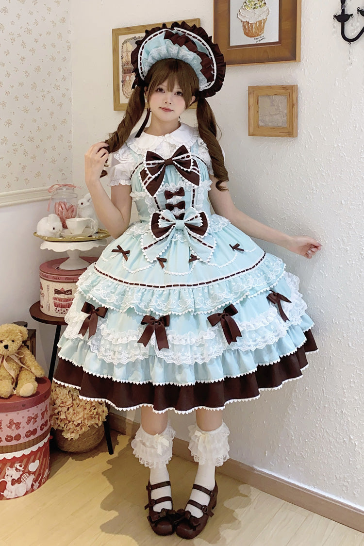 Mint Chocolate Fondant Cake Sleeveless Multi-Layer Ruffle Bow Lace Sweet JSK Dress