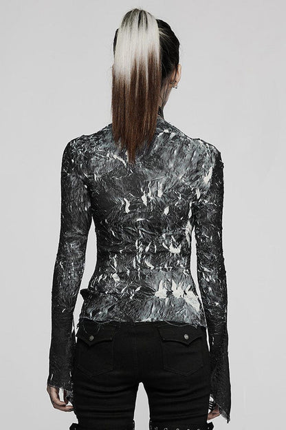 Punk T-Shirt for Her with Pleated Half Turtleneck and Irregular Hem