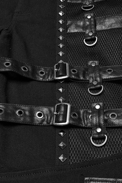 Studded Punk Pants with Buckle Straps and Mesh