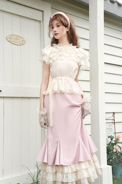 Rose Multi-Tier Ruffle Sweet Lolita Mermaid Gown - Love Diary