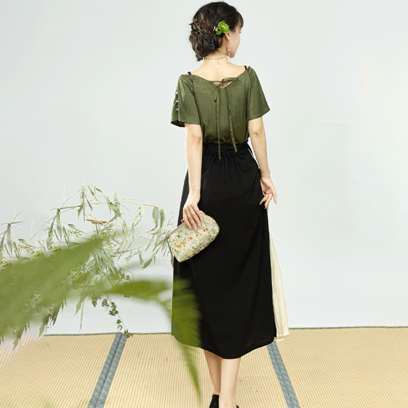 Elegant Salix Leaves Embroidery T-Shirt Cami Top Skirt