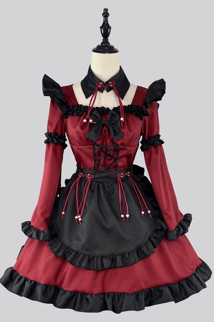 Black and Crimson Maid Long Sleeves Ruffle Bow Gothic Lolita Ensemble