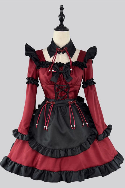 Black and Crimson Maid Long Sleeves Ruffle Bow Gothic Lolita Ensemble