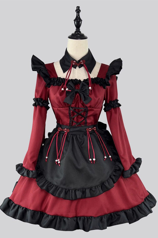 Black and Crimson Maid Long Sleeves Ruffle Bow Gothic Lolita Ensemble