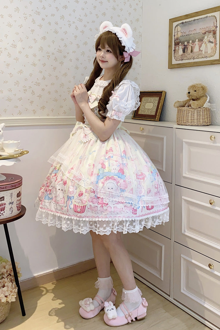 Golden Rabbit Print Ruffled Bow Lace Sweet JSK Attire