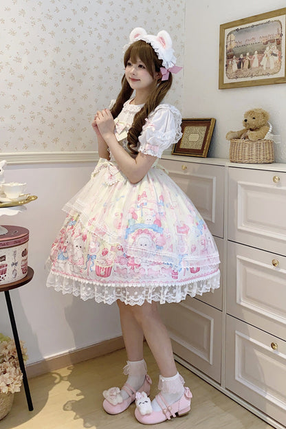 Golden Rabbit Print Ruffled Bow Lace Sweet JSK Attire