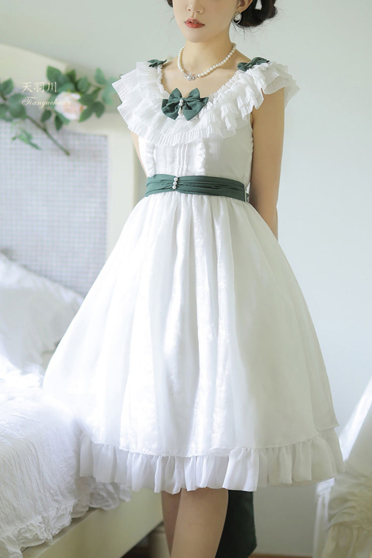 White Round-Collar Sleeveless Ruffled Bow-Trim Sweet Lolita Dress