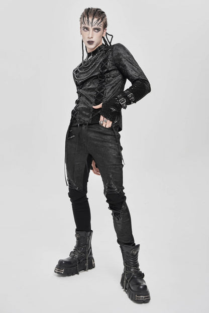 Men's Punk Blouse with Lace-Up Front and Chain Accents
