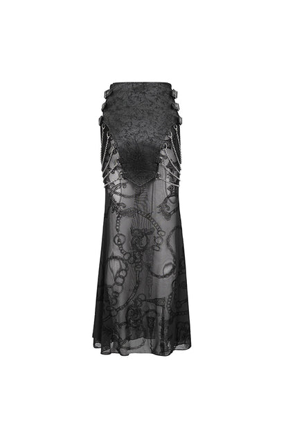 Gothic Fishtail Skirt with Sheer Panels and Chain Accents