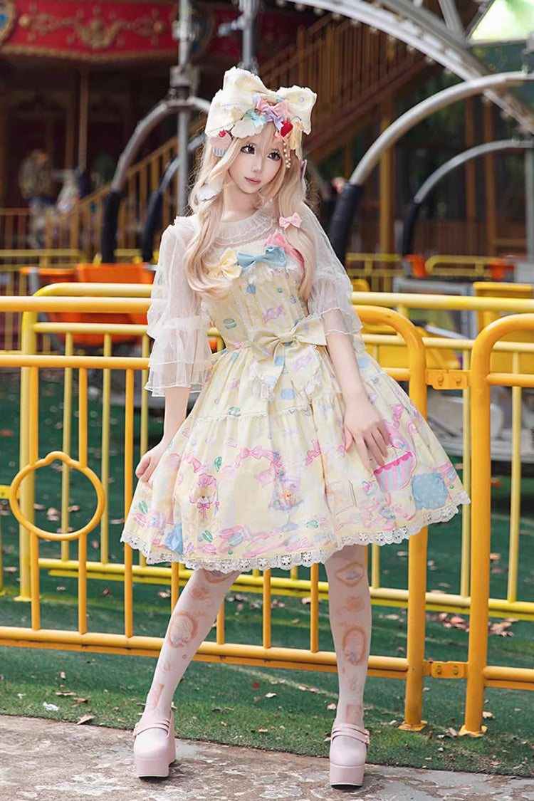 Macaron Dolly House Sleeveless Print Bow Sweet Lolita JSK in Yellow