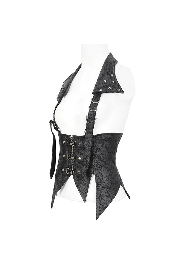 Lace-Up Black Asymmetric Gothic Vest with Detachable Collar