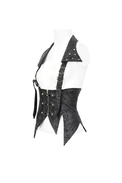 Lace-Up Black Asymmetric Gothic Vest with Detachable Collar