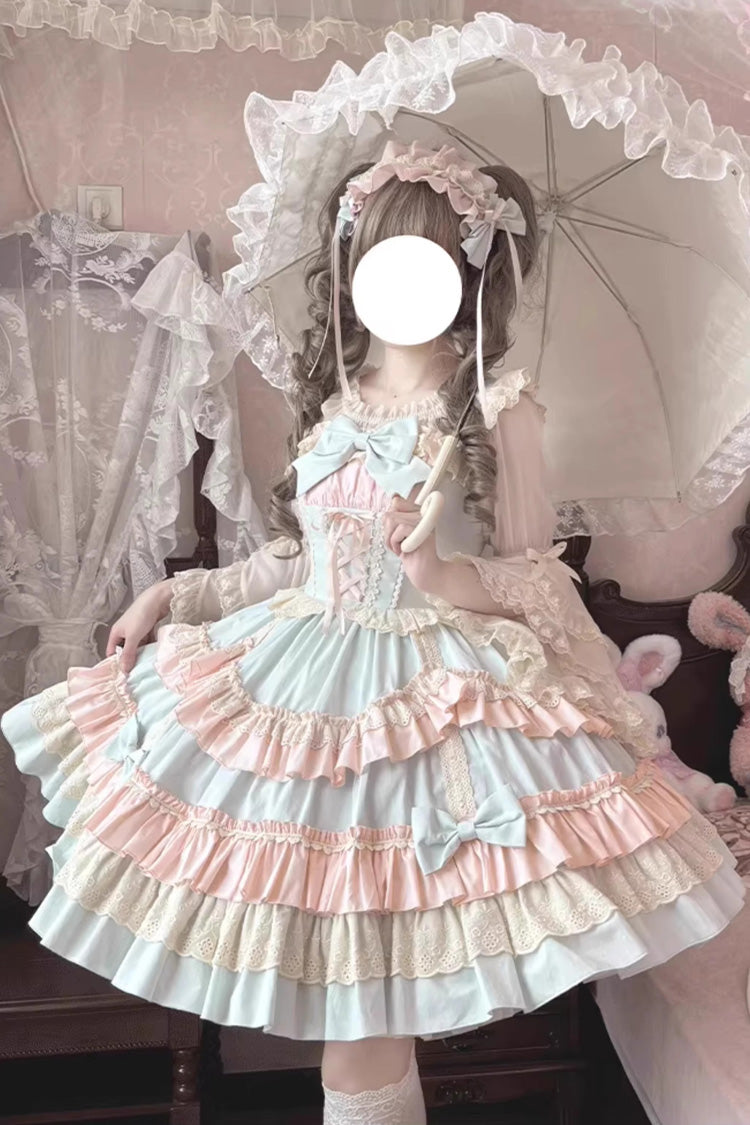 Blue Pink Candy Sleeveless Multi-Layered Ruffle Bowknot Lace-Up Sweet Lolita Tiered Dress