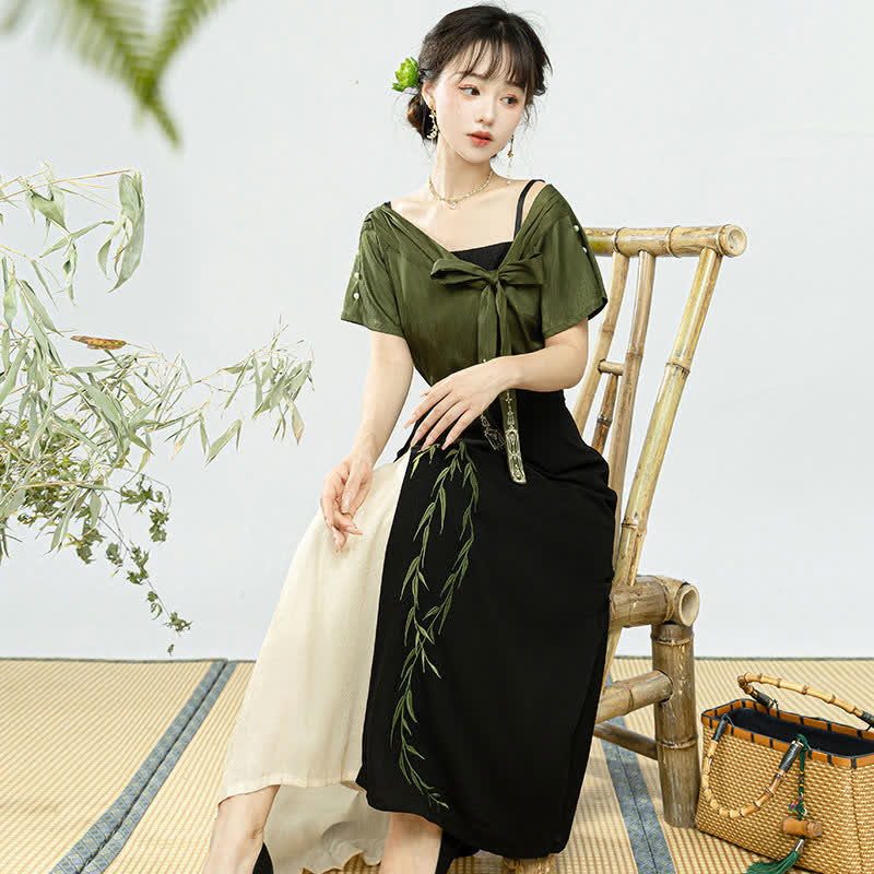 Elegant Salix Leaves Embroidery T-Shirt Cami Top Skirt