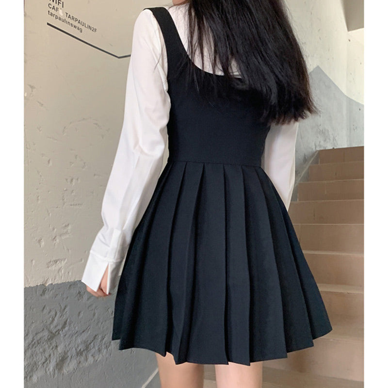 White Shirt Pleated Suspender Skirts Tie Set