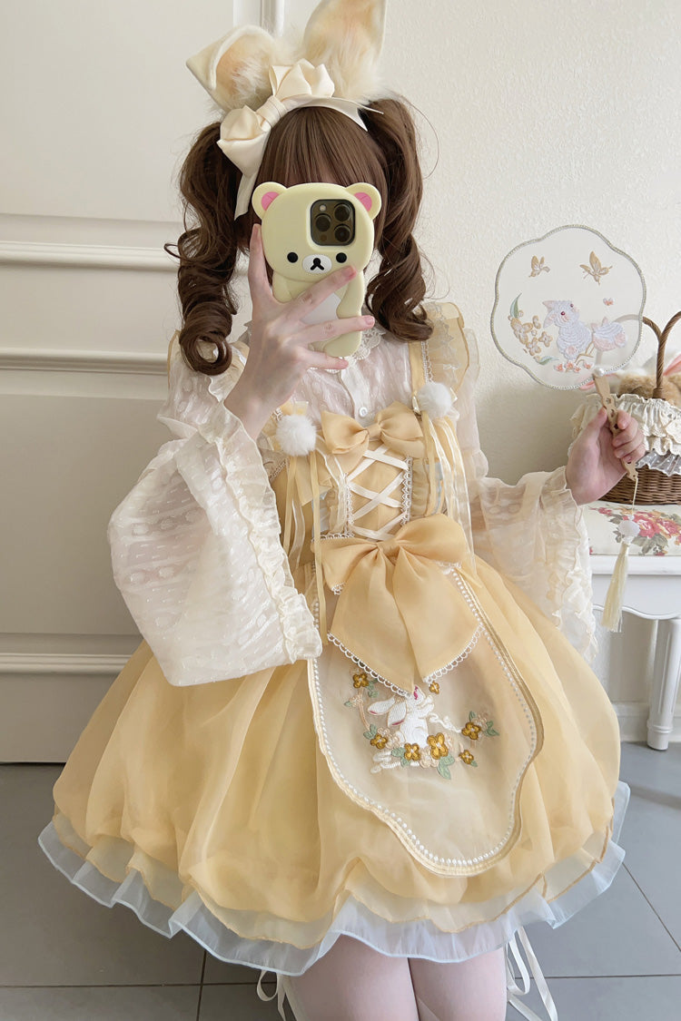 Moon Rabbit Shadow Embroidery Ruffle Bow Lace Sweet Lolita JSK in Yellow