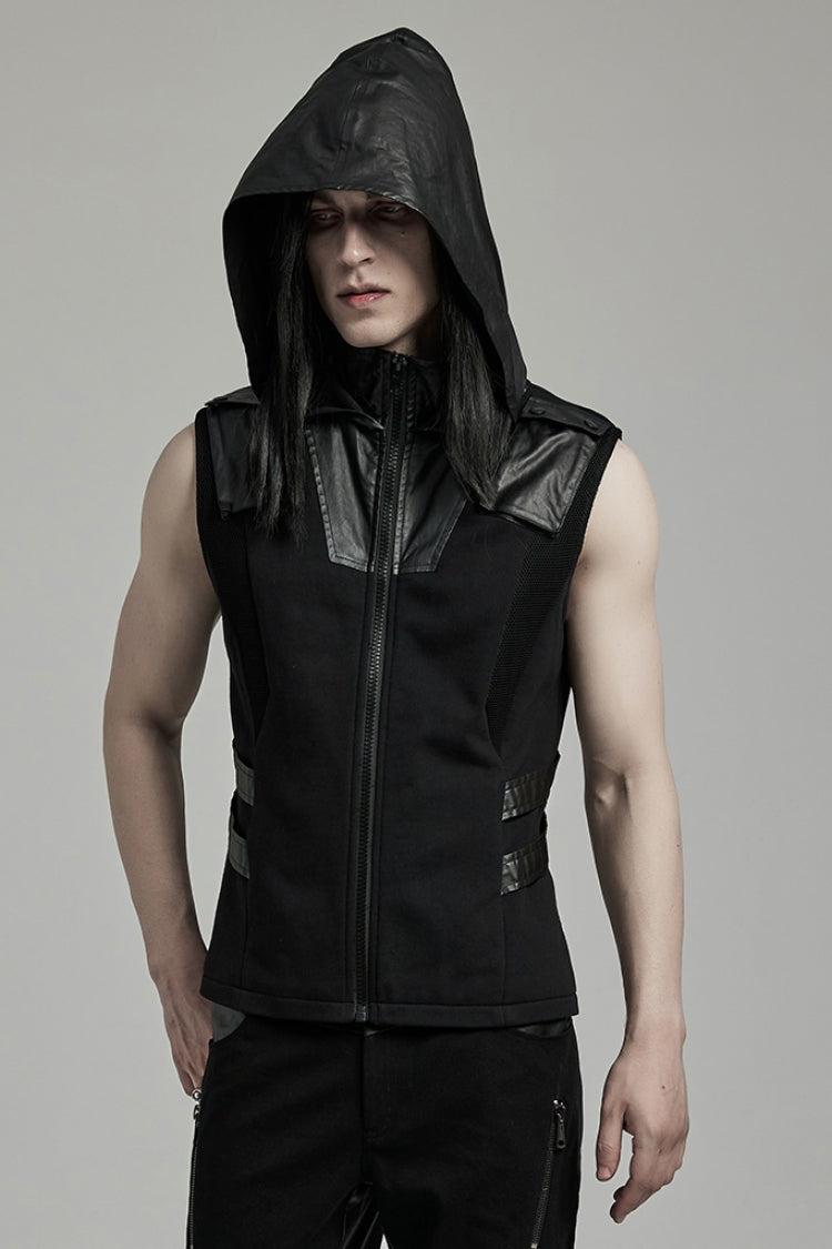 Men's Punk Hooded Vest with Black Stitching