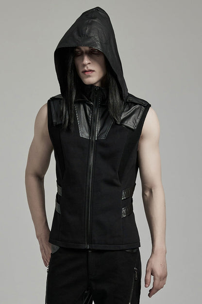 Men's Punk Hooded Vest with Black Stitching