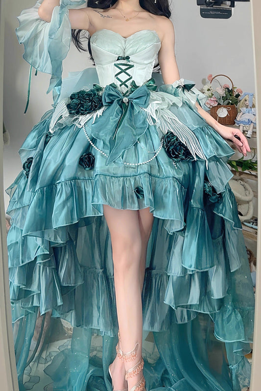 Amber Green Sweet Ballet Lolita Swan Wonderland Embroidery Lace-Up Asymmetric JSK Dress