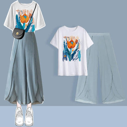 T-Shirt Set Chiffon Split Printed Pants Chic