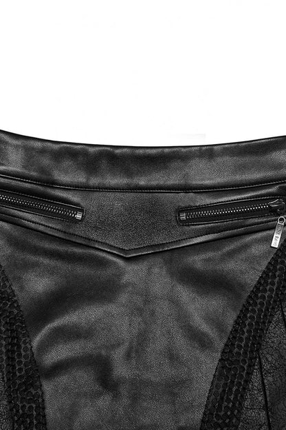 Pleated Punk Skirt with Stitching in Black Faux Leather for Women