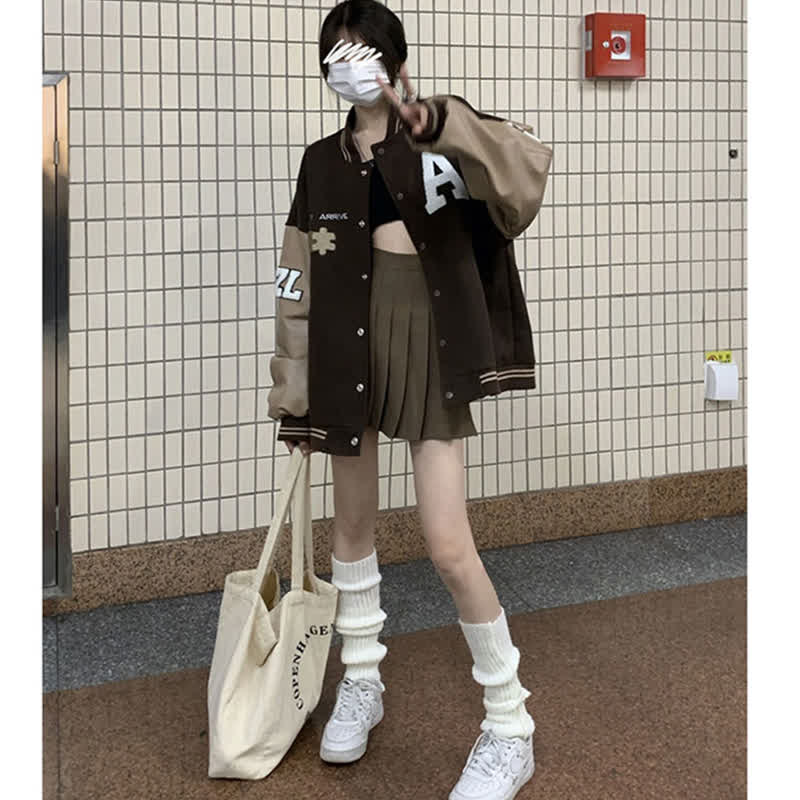 Brown Letter Baseball Jacket Pleated Skirt Set