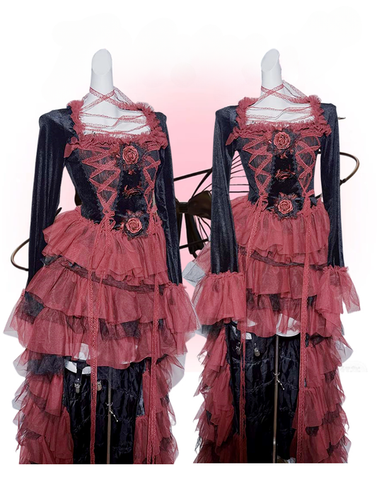 GothicBlack and RedLaceSquareNeckRosette Top