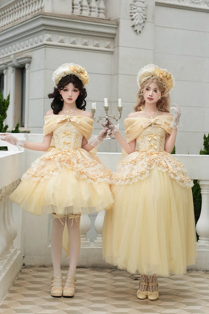 Sissi's Pilgrimage Off Shoulder Ruffle Bow Lace Sweet Lolita Long Skirt in Yellow
